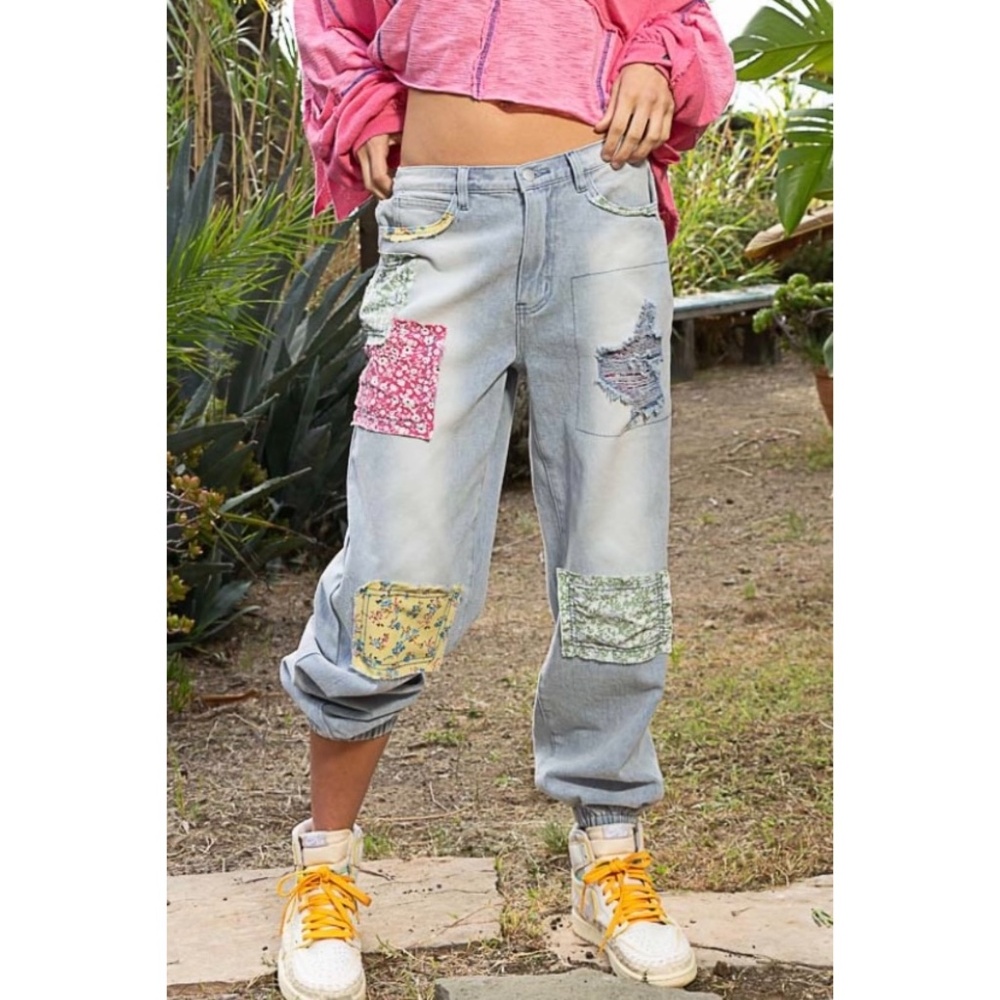 POL Light Wash Patchwork Boyfriend Jogger Jeans Lightweight - Picture 12 of 13